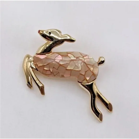 Liz Claiborne Christmas Brooch Pin Vintage Deer Rudolf MOP Crackle Estate - Picture 1 of 7